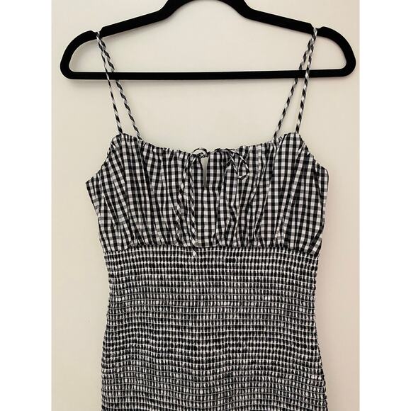 J Crew Smocked Black White Gingham Tie Front Midi Dress Bodycon Fitted NWT 00 - Picture 5 of 14